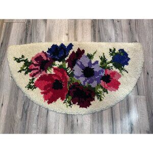 Vintage Floral Wool Half-Moon Rug With Bold Red Purple Anemone Design 28"x18"